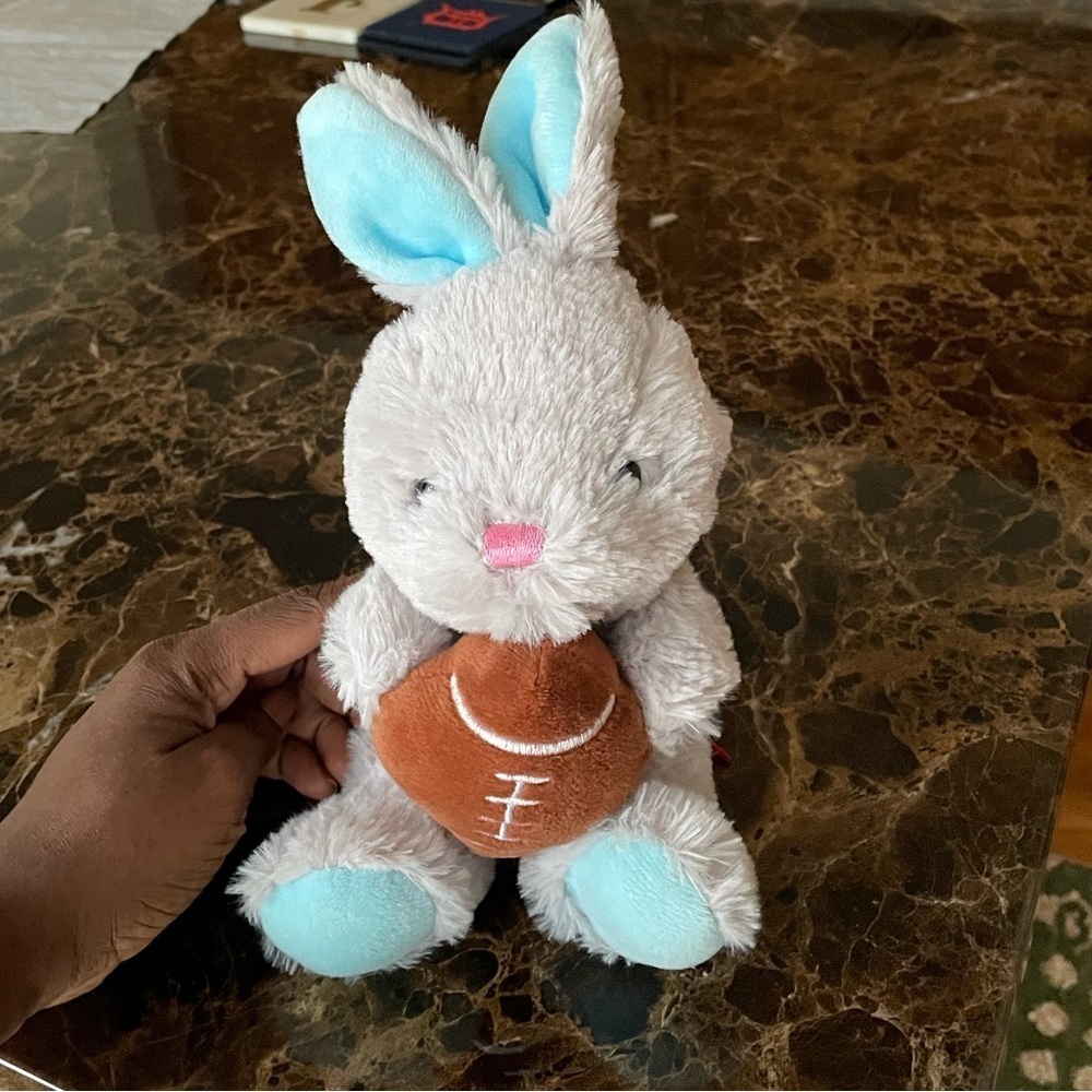 HugFun Bunny Rabbit 9” Plush Stuffed Animal Holding Football gray